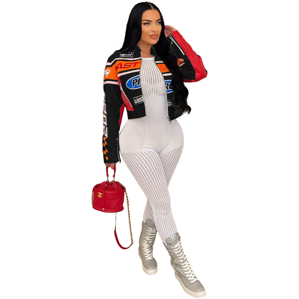 Orange Fall Jacket Winter Streetwear Casual Zip Up Blue Jacket For Women Patchwork Crop TopS fashion Print Trend Coats 250207