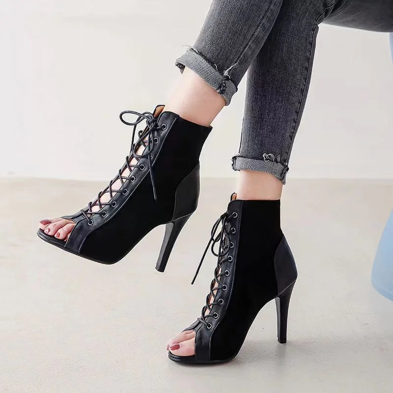 Sandals Hollow Mesh Heels Womens Shoes Summer Trend Black Lace-Up Sexy Peep Toe Boots Stilettos Jazz Dance Female Shoes 250317