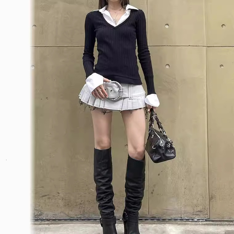College Style Spring Women's POLO Collar Splicing Fake Two-Piece Long Sleeved T-Shirt Design Sense Top