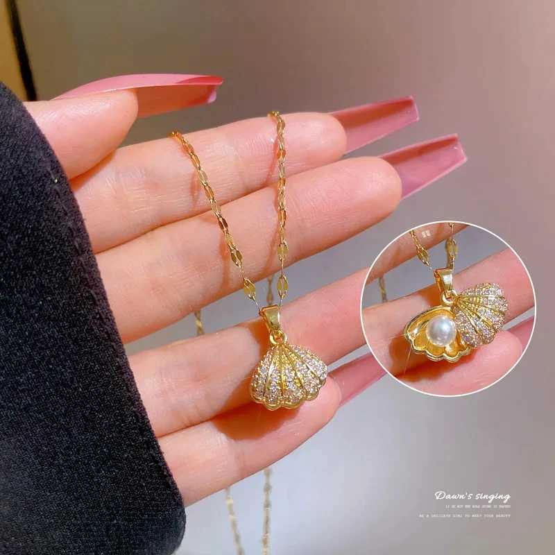 Korean Fashion Shell Pearl Necklace for Women Stainless Steel Creative Copper Micro -inlaid Marine Banquet Wedding Jewelry Gift W250318