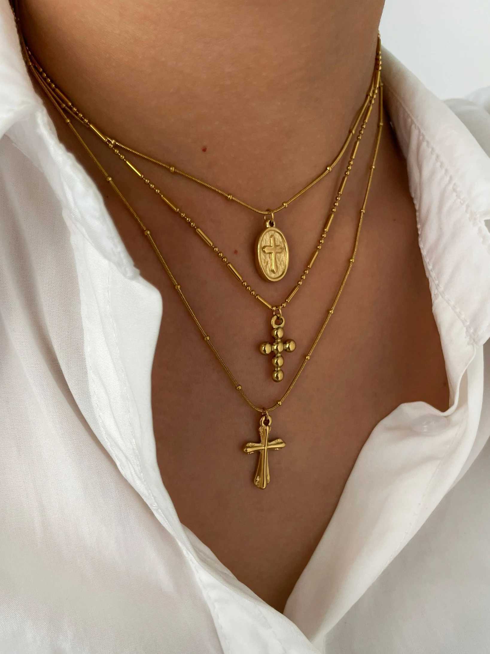 Perisbox Waterproof Stainless Steel Bead Pan Cross Pendant Necklace Simple Metal Chain Beads Womens Fashion Jewelry Gift W250318