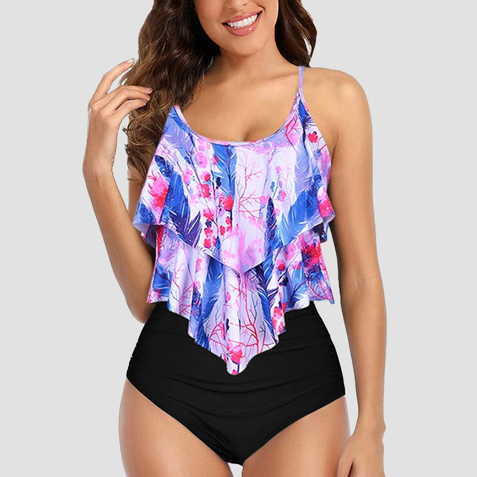 Women Swimsuit Summer Printed Ruffle Vest Swim Suit High Waist Bikinis Two Pieces Leopard Bathing Suits For Woman Plus Size 250317