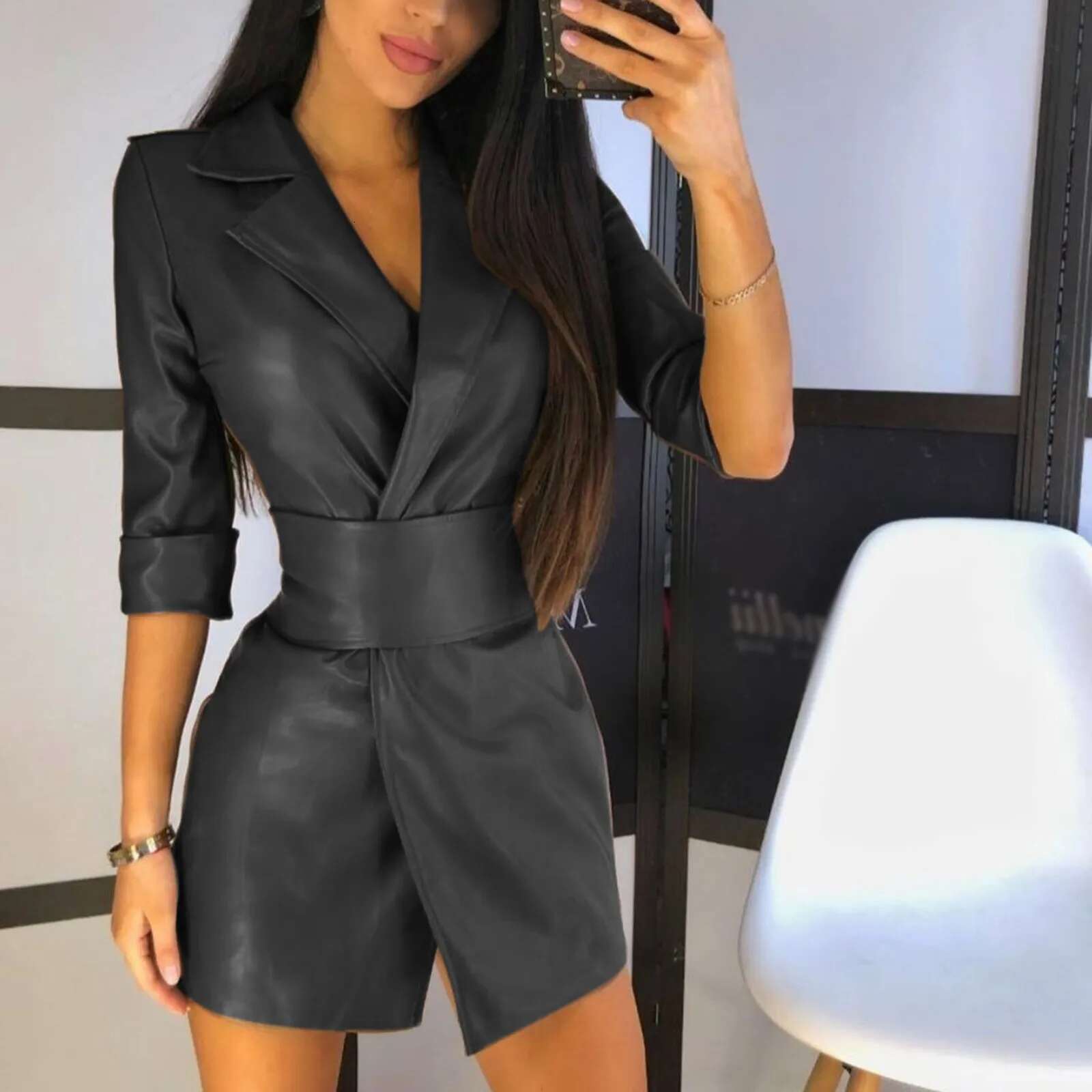 Sexy Women PU Leather Long Sleeve V Neck Winter Bodycon Blazer Mini With Belt Office Ladies Elegant Dress