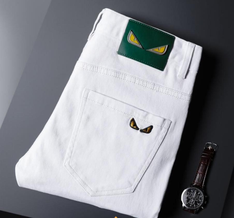 2025 Designer Pants Mens Womens Men's Jeans Summer Thin Elastic Slim Fit Small Feet Korean Edition White Embroidered Black and White Men's Thin Long Pants