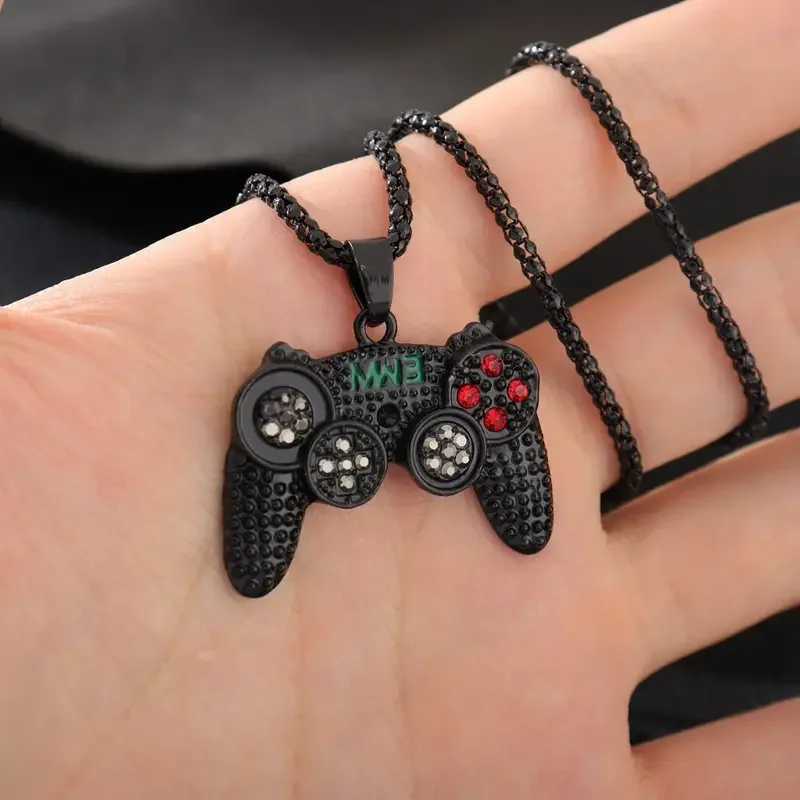 Hip Hop Black Gold Plated Crystal Game Controller Pendant Necklace Mens Jewelry Birthday Gift W250318