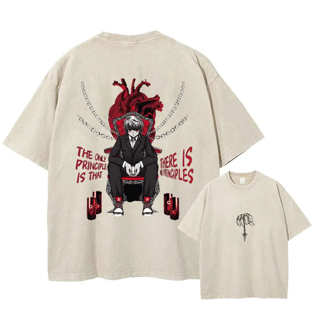 Anime Hunter X Hunter Wash T-shirt Mens Street Clothing Retro Summer 100% Cotton Loose T-shirt Harajuku Extra Large T-shirt 250317