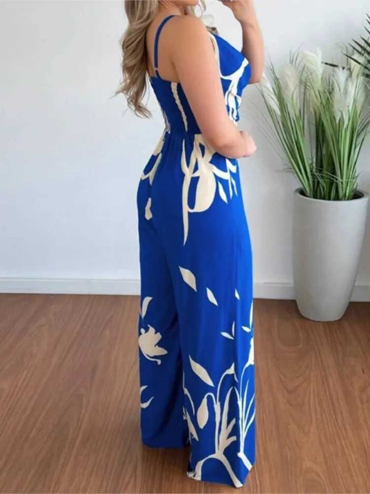 Summer Print Wide Leg Jumpsuit Womens Fashion Spaghetti Strap Elegant Office High Waist Casual Long Jumpsuits New 2024 X250318