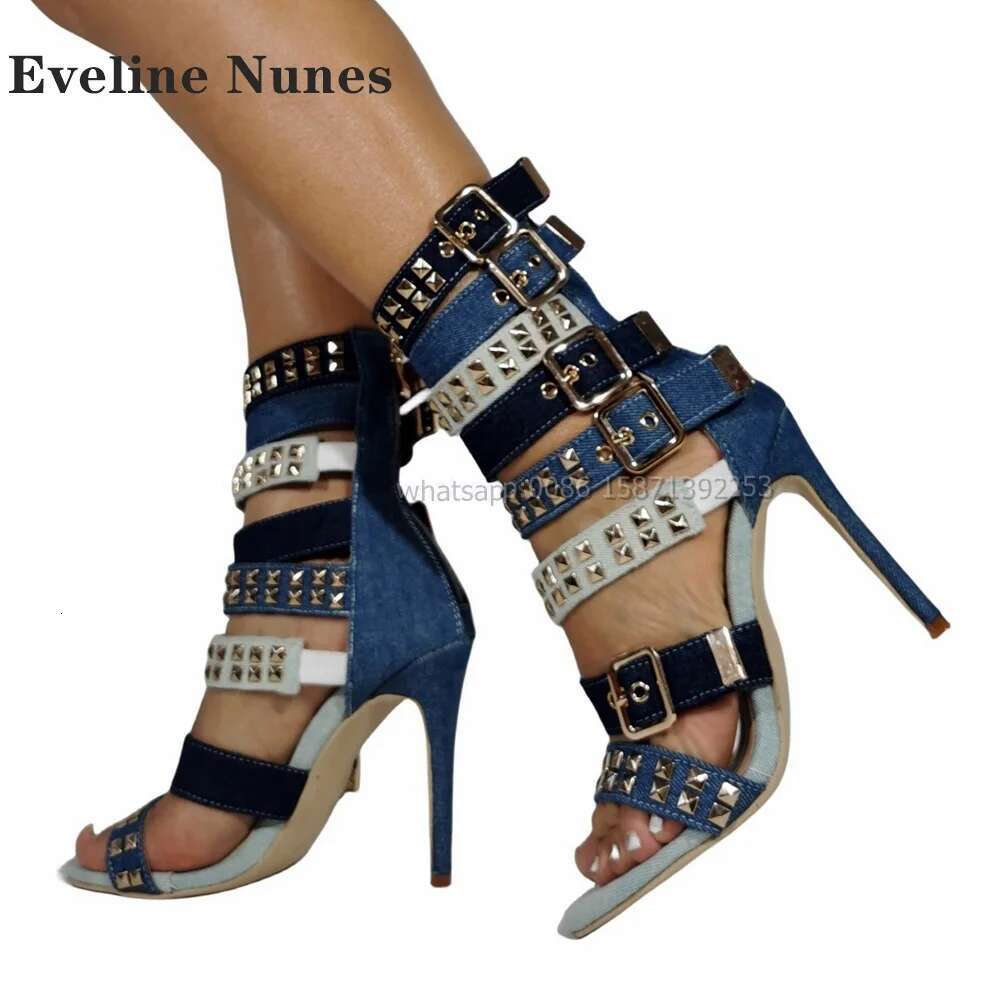 Belt Buckle Rivet Snakeskin Sandals Open Toe Stiletto Mixed Colors Side Air Sexy Women Heels Punk Spicy Girls Ankle Strap Shoes