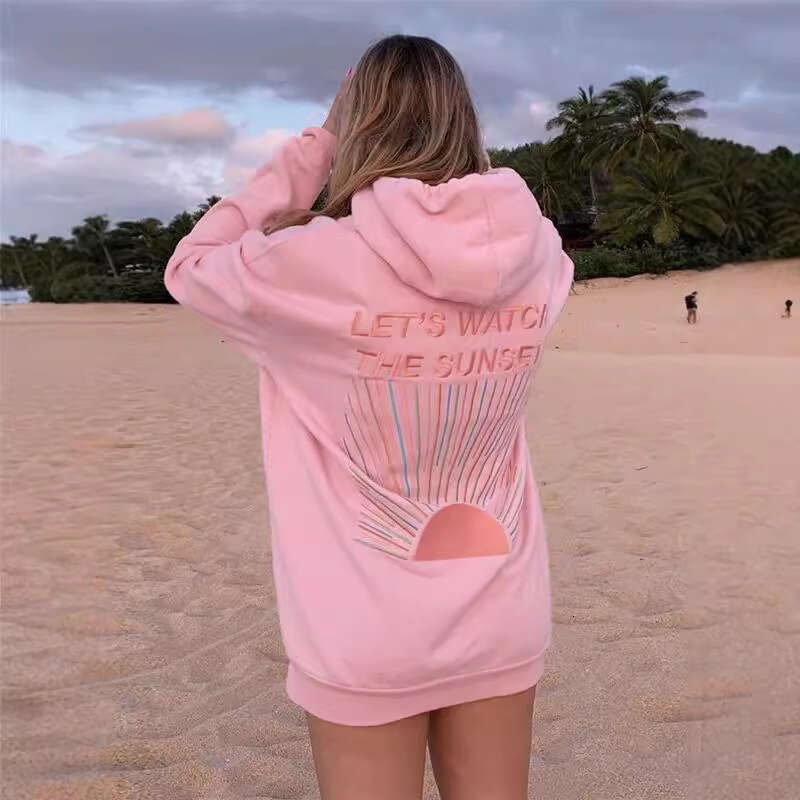 Euro Women's Shoulder Sleeve Thread Let's Watch The Sunset Hoodie Printed Embroidery