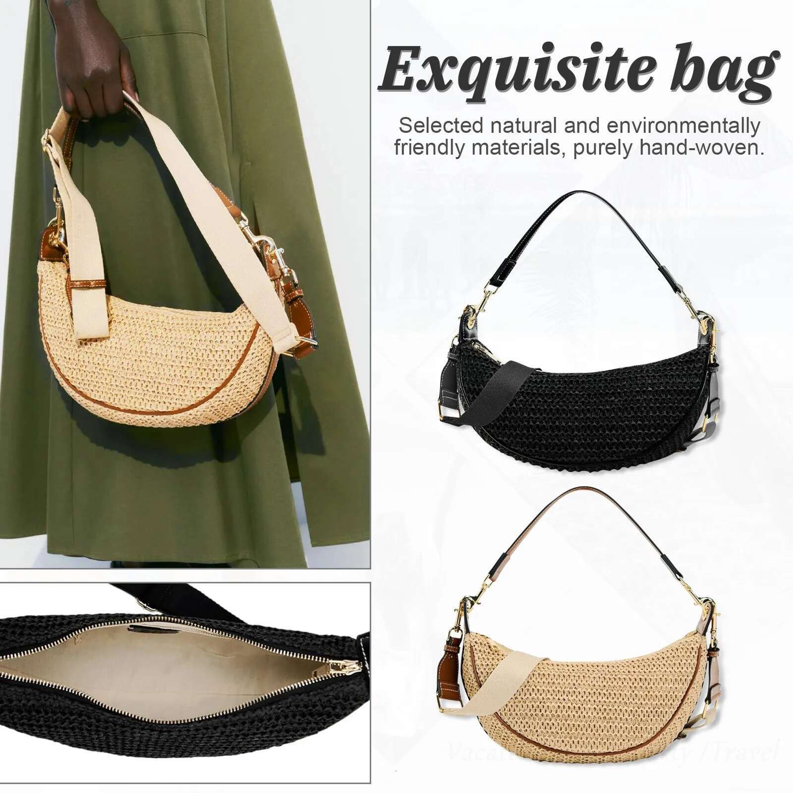 Straw Hand-Woven Handbag Moon Shape Rattan Big Capacity Drawstring Casual Beach Shoulder Crossbody Bag For Women