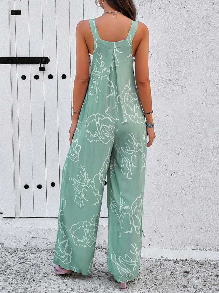 Womens clothing spring and summer new fashion button sexy strapless sling printed casual waistband pocket jumpsuit X250318