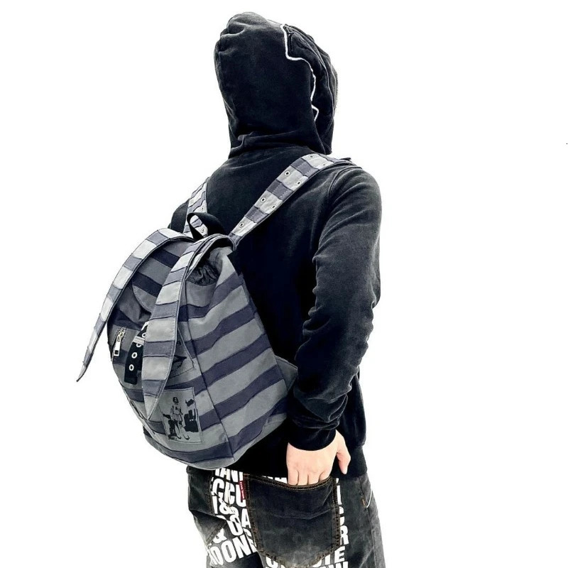 Vintage Contrast Color Striped Punk Backpack Girls Casual Kawaii Rabbit Ear Schoolbags Y2k Aesthetic Patchwork Women Backpacks 250318