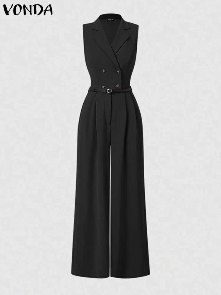 VONDA Women Solid Color Jumpsuits 2024 Slveless Playsuits Elegant Rompers Casual Lapel Collar Wide Leg Bottoms Oversized X250318