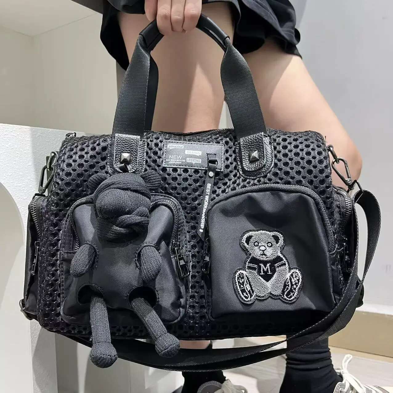 Ladies' Fashionable Mesh Splicing Casual Handbag With Multiple Pockets, Teddy Bear Doll, Single Shoulder Diagonal Cross Bag