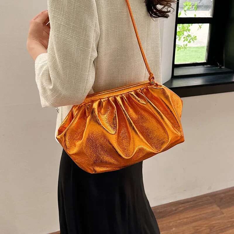 Gold Sier Color Women's Pleated Crossbody Ruched Design Wedding Party Christmas Valentine's Day Clutches Cloud Bag Female
