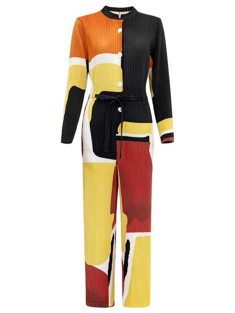 YEZOER Miyake pleated jumpsuit womens 2024 spring new print long casual loose single chest pocket womens waist belt X250318