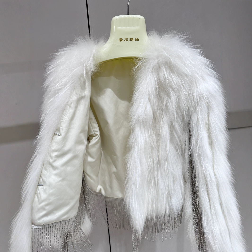 Tassel Raccoon Hair Car Stripe Water Diamond for Women, Long term Lightweight 2024 Winter Look Thin True Fur Coat