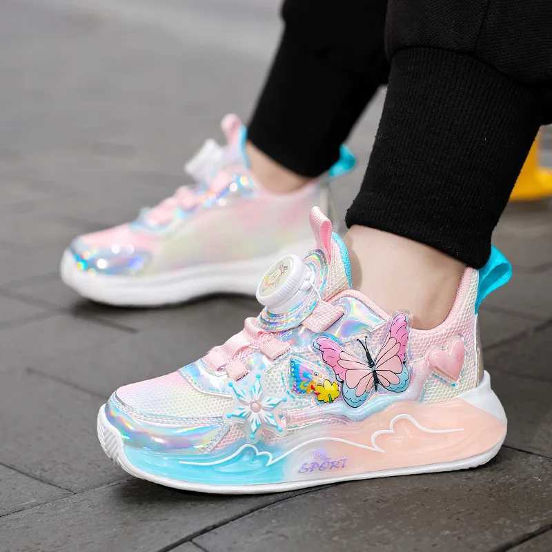 Childrens sports shoes 2025 new girls sports shoes grid breathable childrens running shoes rotating buckle soft soled leather boots W250318