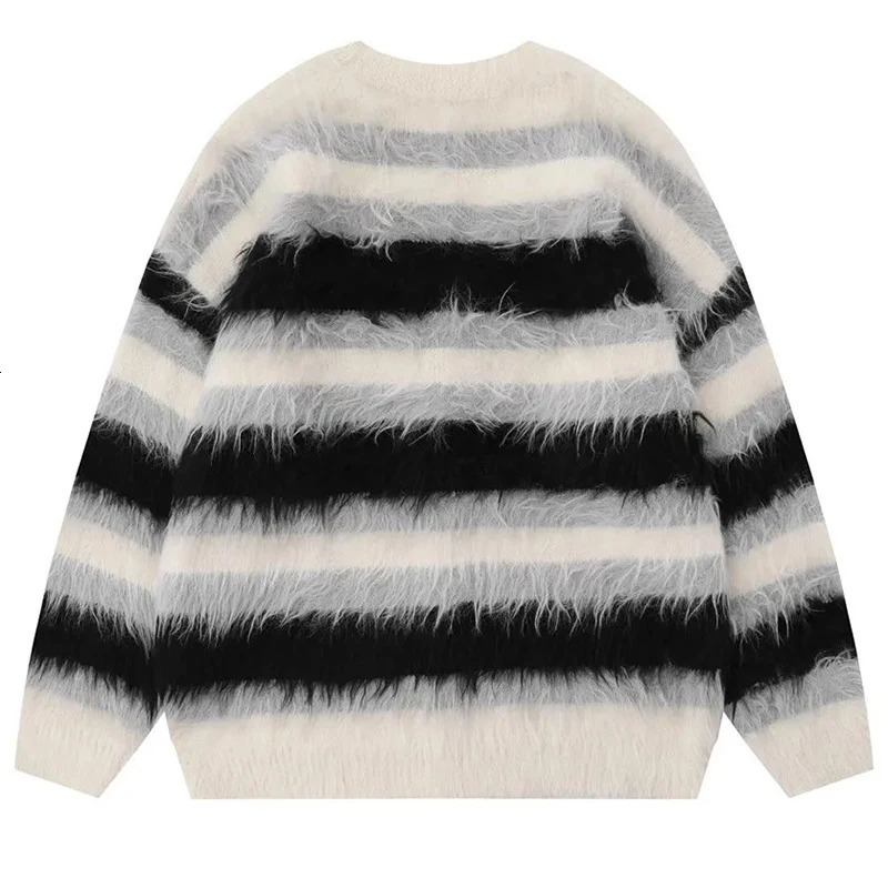 Mohair Cardigan Striped V-Neck Sweater Mens Loose Casual Brushed Trendy Couple Versatile Comfortable Harajuku High Street Knit 250318