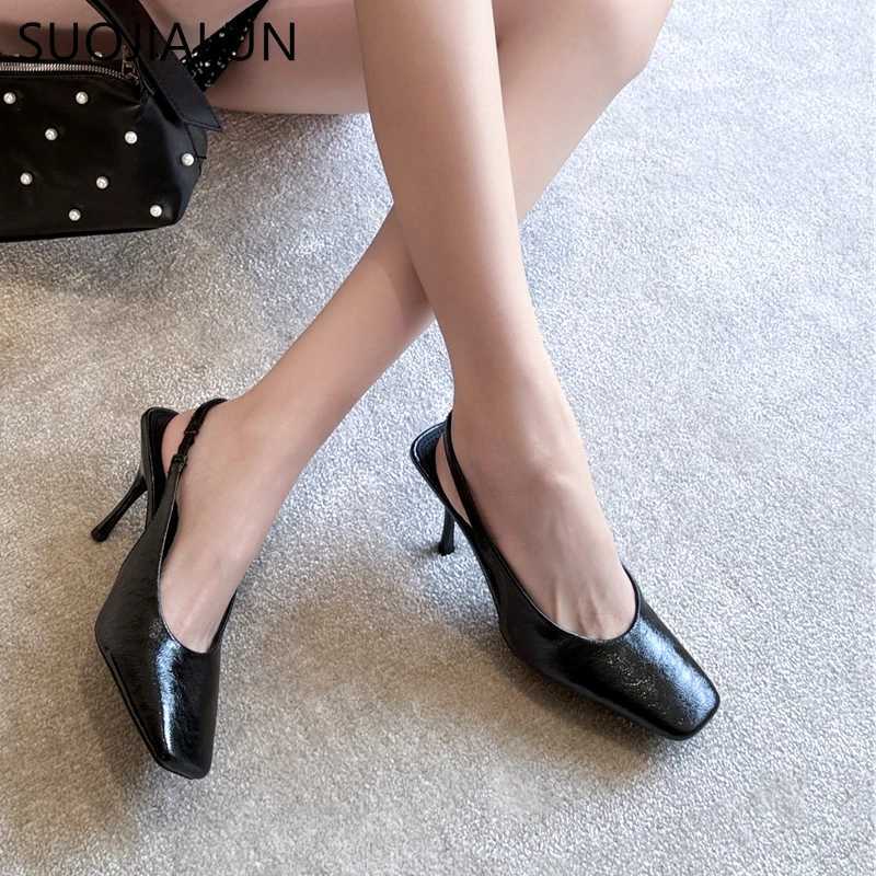SUOJIALUN 2025 Spring New Sandals Fi Red Square Toe Shallow Smooth Elastic Back Shoes Thin High Heels Dress Pump Y250317
