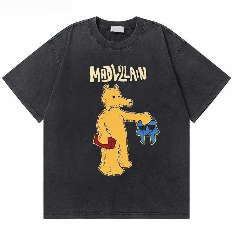 Rap singer Mf Doom Madlib Madvilla washed retro streetwear mens hip-hop T-shirt mens casual loose oversized T-shirtXJ250318