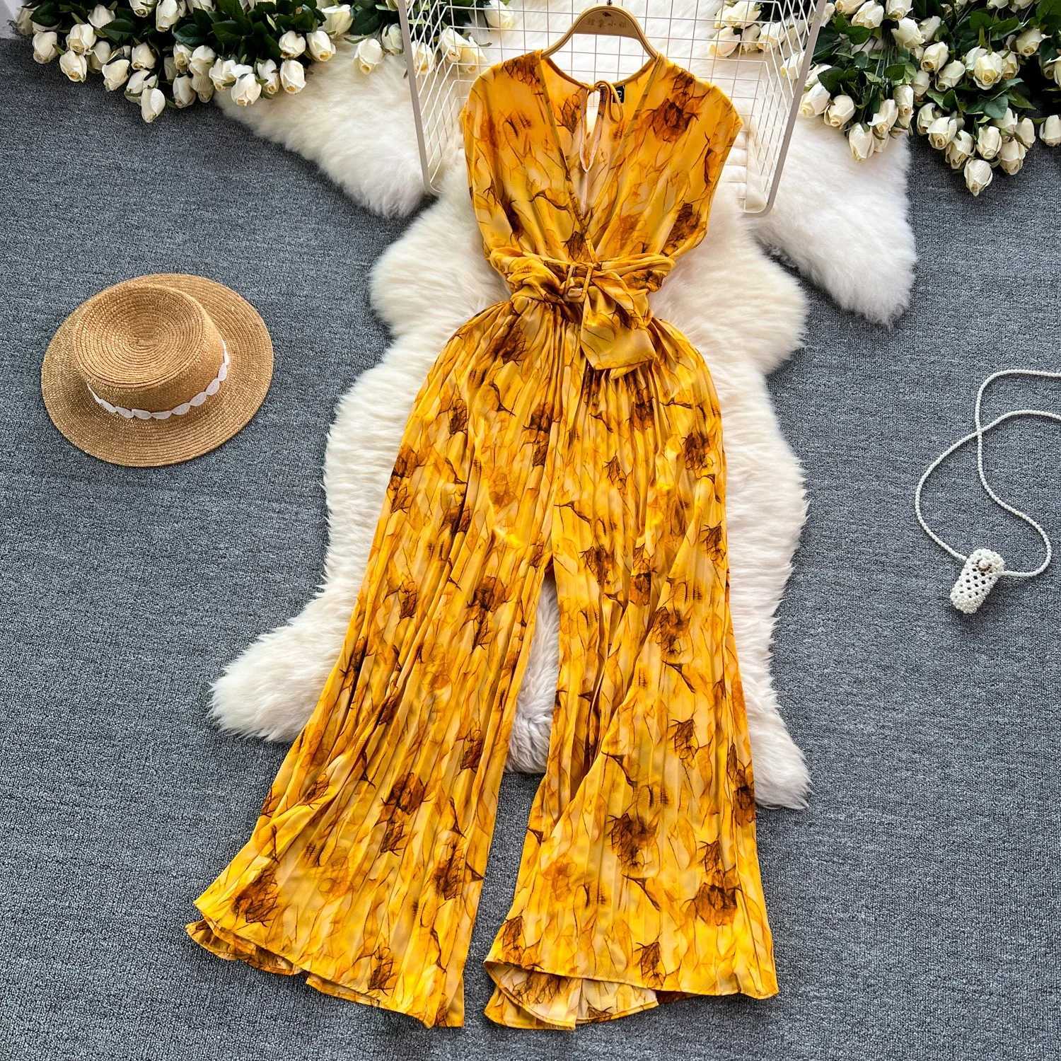 2024 Summer Elegant Womens Abstract Printed jumpsuit Fashion T-shirt Wide Leg Waiver Strapless X250318