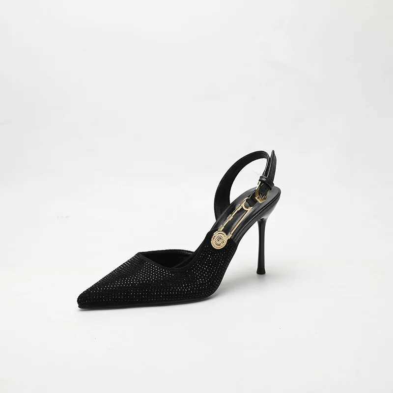 Summer New Pointy Black Dinner Diamd High Heel Thin Heel Sensual Shallow Sandals Y250317