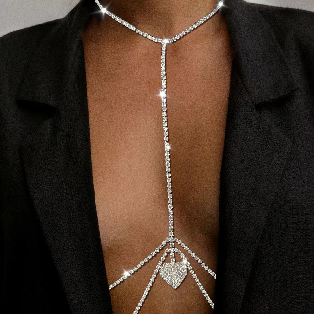Stage Wear Dance Accessories Sexy rhinestone chest and waist chain, women's European and American minimalist peach heart body chain