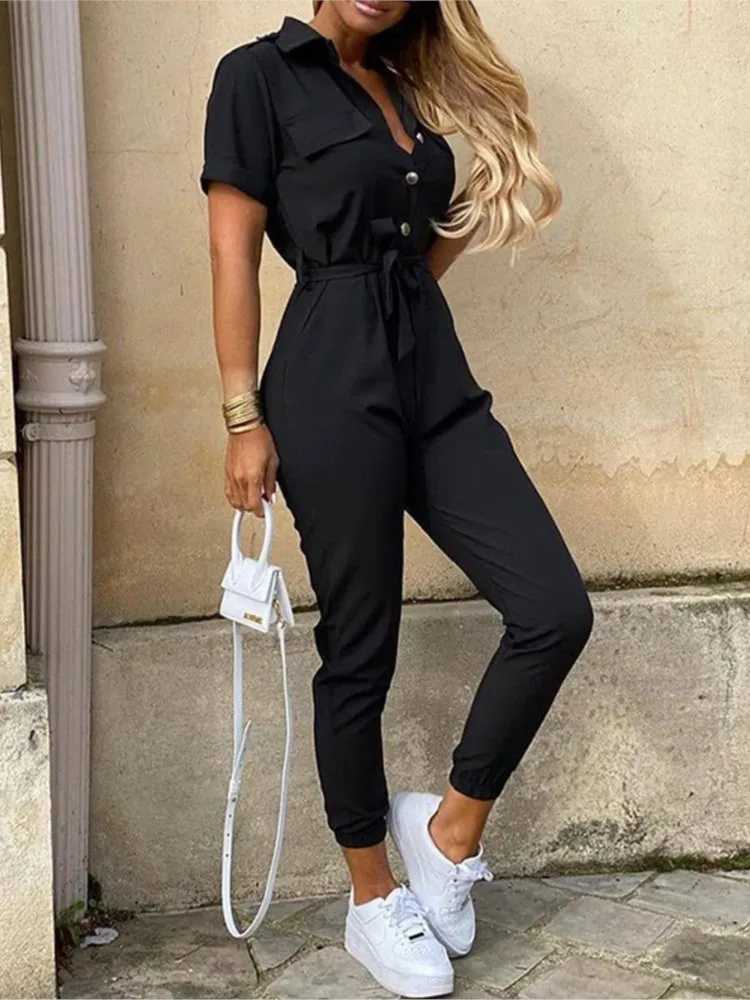 Summer Womens New Fashion Flip Collar Button Print Belt Lace Up Work Dress Casual Capris Jumpsuit Office X2503181