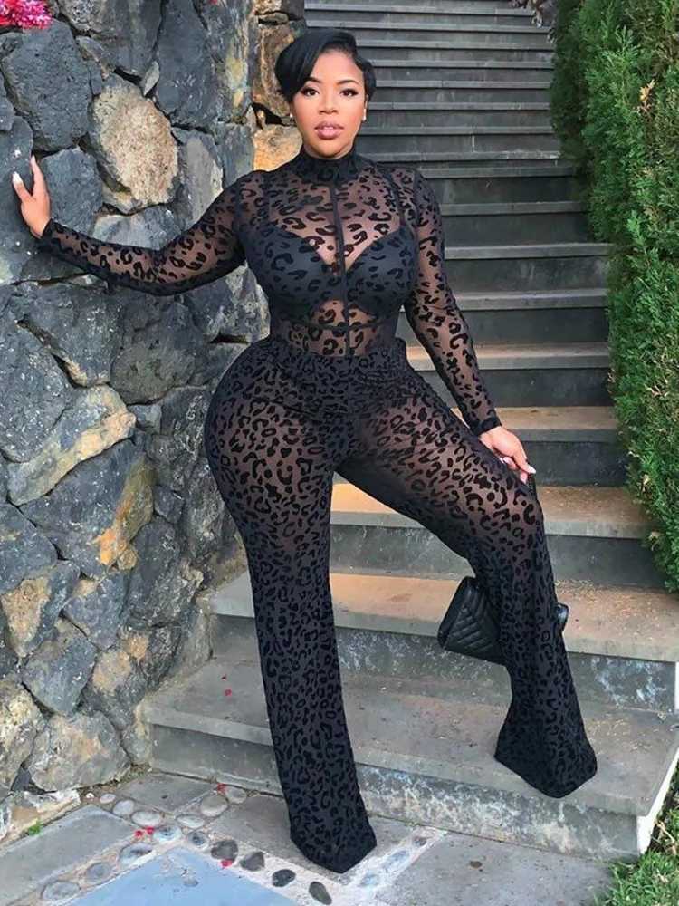 Sibybo Fashion Gauze Jumpsuits Sexy Leopard Print S Through Rompers Casual Basic Long Slves Wide Leg Pants Hot Girl Clothing X250318
