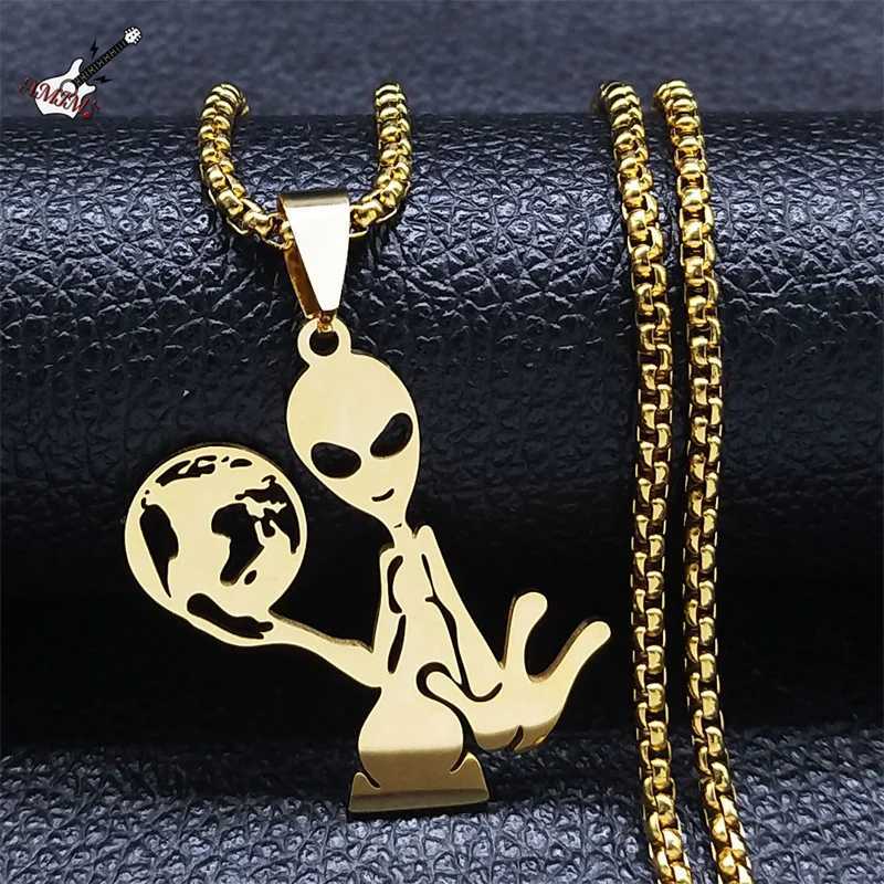 Y2K Alien Earth Pendant Necklace for Women/Men Stainless Steel Humanoid Chain Necklaces Fashion Jewelry necklaces for women W250318