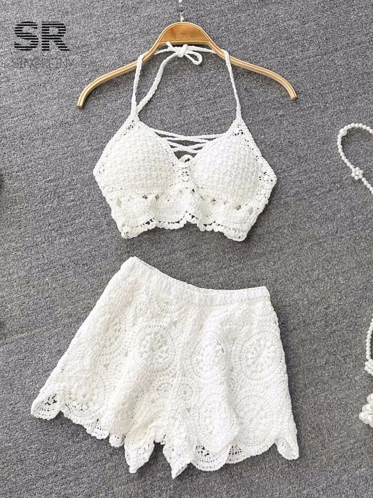 SINGREINY Knit Two Piece Sets Women Summer Vacation Backless Camisole Elastic Waist Shorts Hollow Out Y2K Beach Style Suits 250318