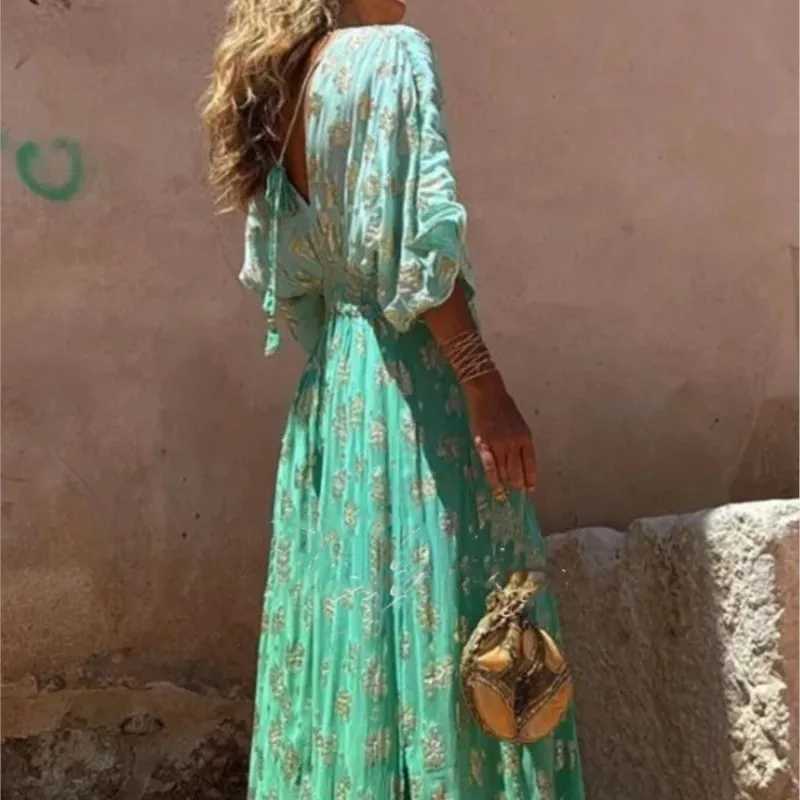Fashion Gradient Print Jumpsuits Women Sexy V-neck Backless Leace-up Loose Slit Wide Legs Jumpsuit Female Trendy Strtwear New X250318