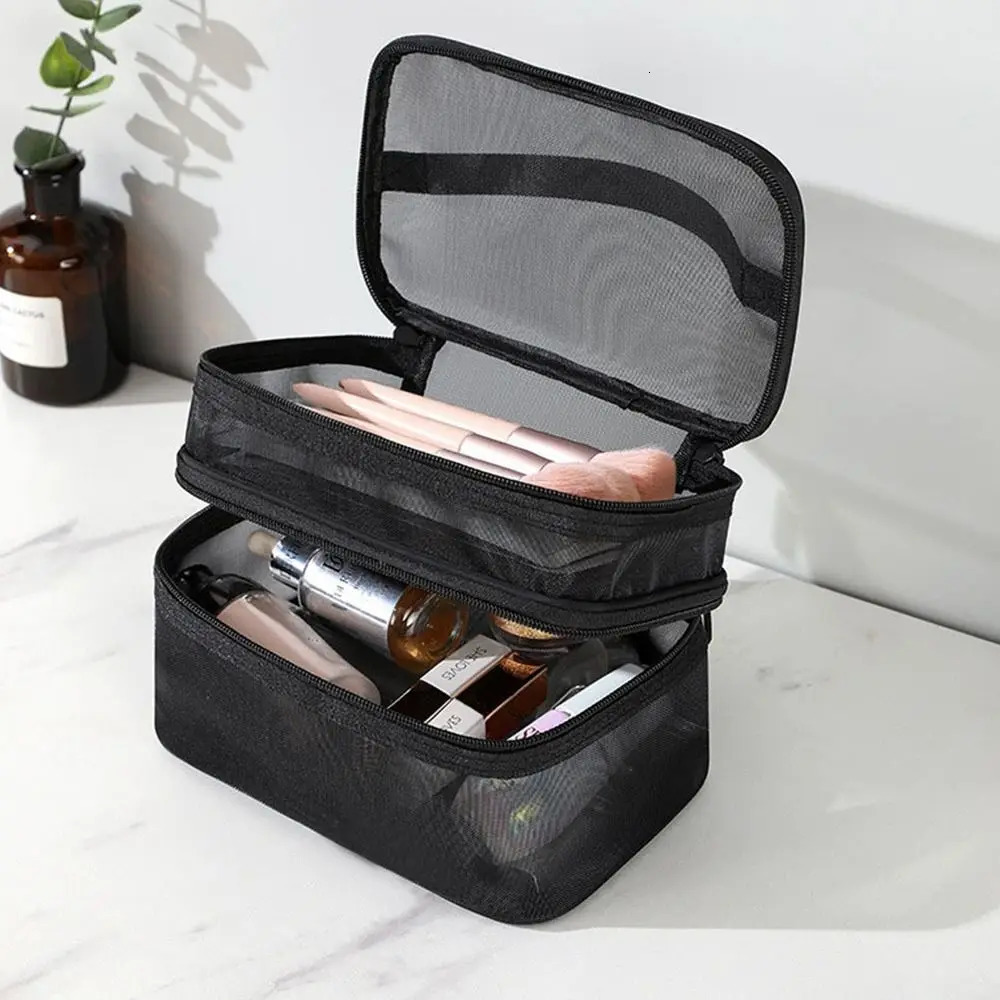 Fashion Transparent Mesh Travel Cosmetic Bag Storage 1/2/3 layer Toiletry Bag Large Capacity Make Up Organizer Bag Womens 250314