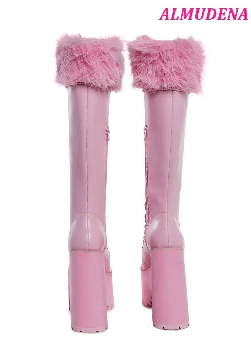 Pink Leather Platform Chunky Heel Knee High Boots Lace Up Fur Warm Big Size Long Boot Designer Cute Women's Lolita Shoes
