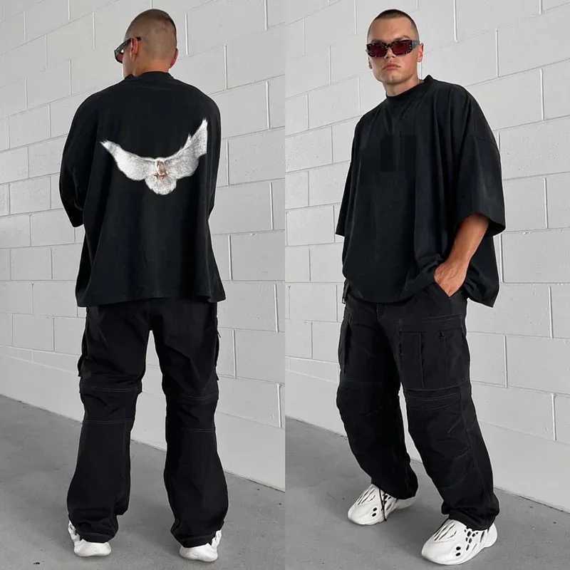 Michael sage streetwear high-quality retro YZY DOVE DONDA loose oval pigeon print mens T-shirt topXJ250318