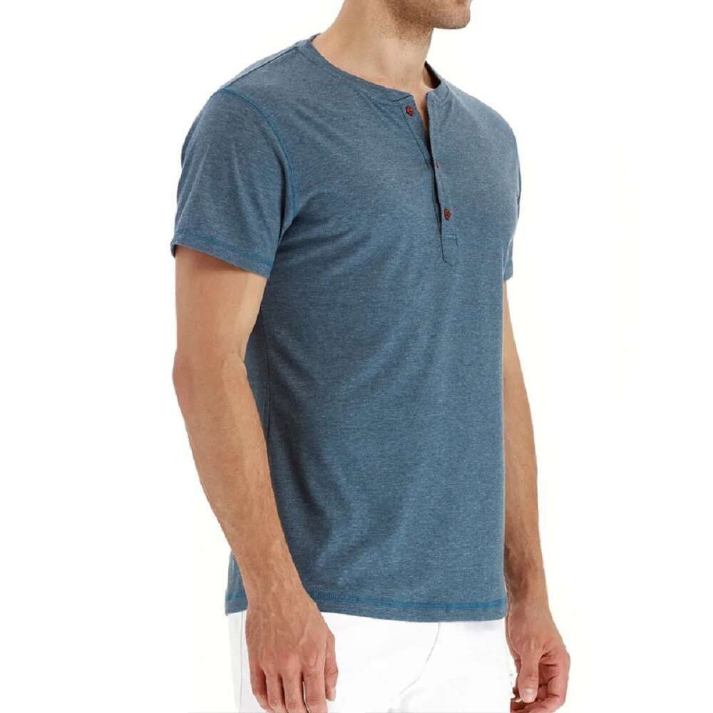 Brand high-quality cotton men's T-shirt Henry collar fashionable design fit solid T-shirt men's top short sleeved T-shirt men's
