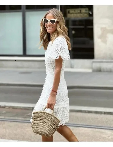 Womens lace slim fit dress solid mini bag hip short sleeved tight fitting dress V-neck summer French coat dress 250314