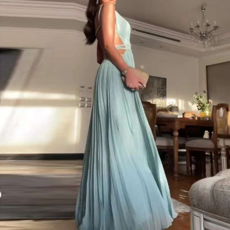 Sexy Hollow Out Backless Swing Beach Spring Summer Sleeveless Solid Party Women O-Neck High Waist Pleated Long Dress