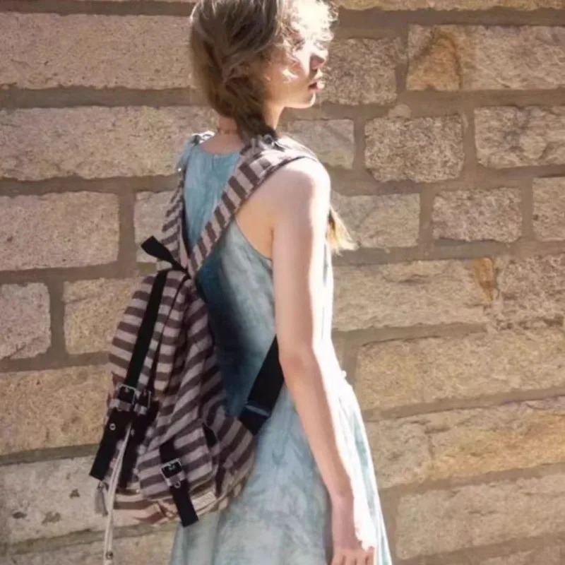 Y2k Striped Casual Backpacks Mochila Drawstring College Student School Bag Large Capacity Versatile Women Bags Bolsos De Mujer 250318