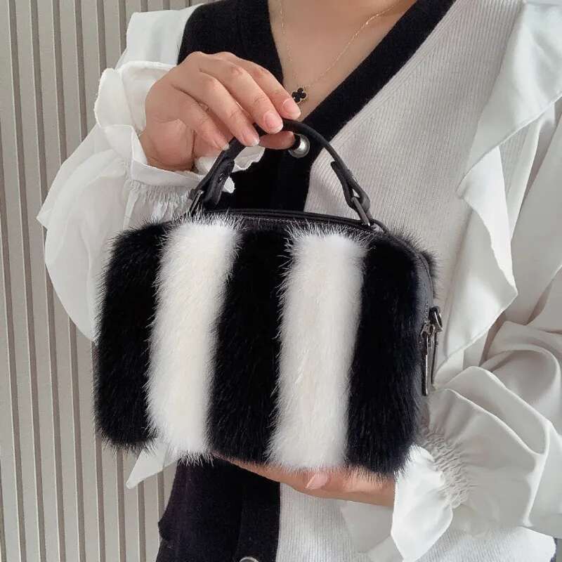 Bag Female Black White Handbag Real Mink Fur Shoulder Crossbody For Women Winter Furry Messenger Hand Bags