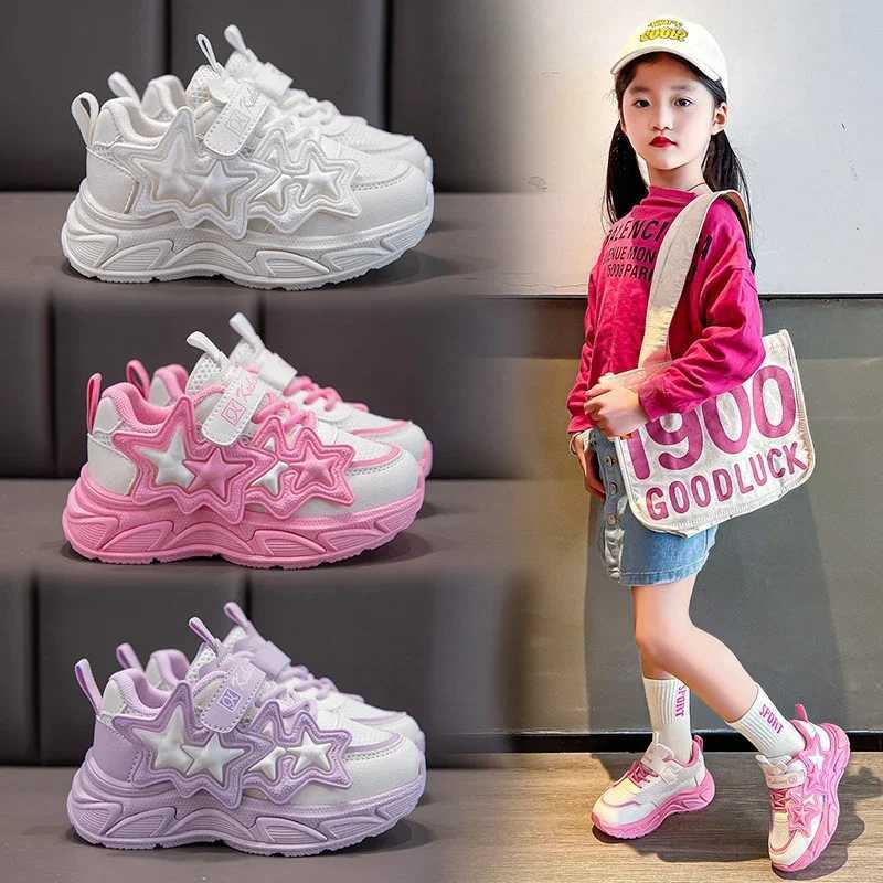 Girls Sports Shoes Fashion Classic Kids Casual Sneakers Children Running Shoes Air Mesh with Stars Breathable 2024 Spring SummerXJ250318