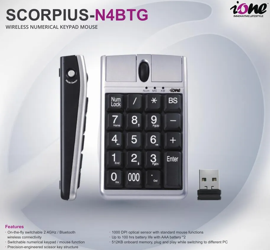 ione SCORPIUS N4BTG Wireless Numerical Keypad bluetooth Mouse SCORPIUS-N4 Wired Numerical Mouse Keypad Industrial mouse bank use