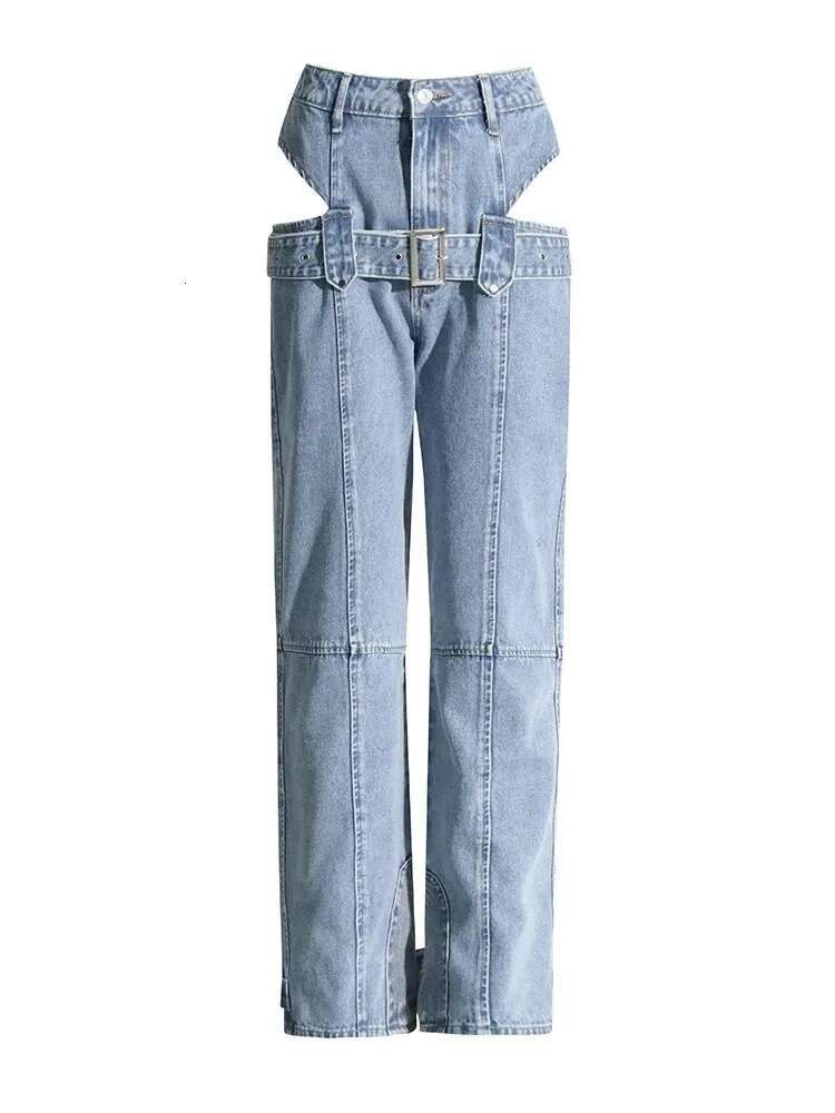 TWOTWINSTYLE Casual Cut Out Denim Trousers For Women High Waist Patchwork Belt Vintage Streetwear Jean Female Fashion Clothing