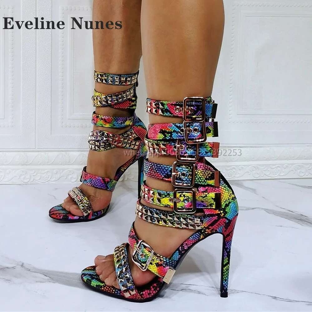 Belt Buckle Rivet Snakeskin Sandals Open Toe Stiletto Mixed Colors Side Air Sexy Women Heels Punk Spicy Girls Ankle Strap Shoes