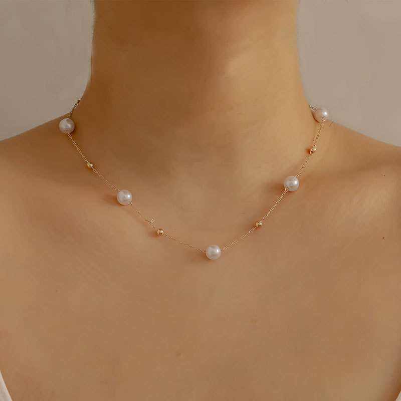 Imitation Pearl Necklace Women Simple Fashion Light Luxury Cold Wind Metal Ball Clavicle Chain Jewelry
