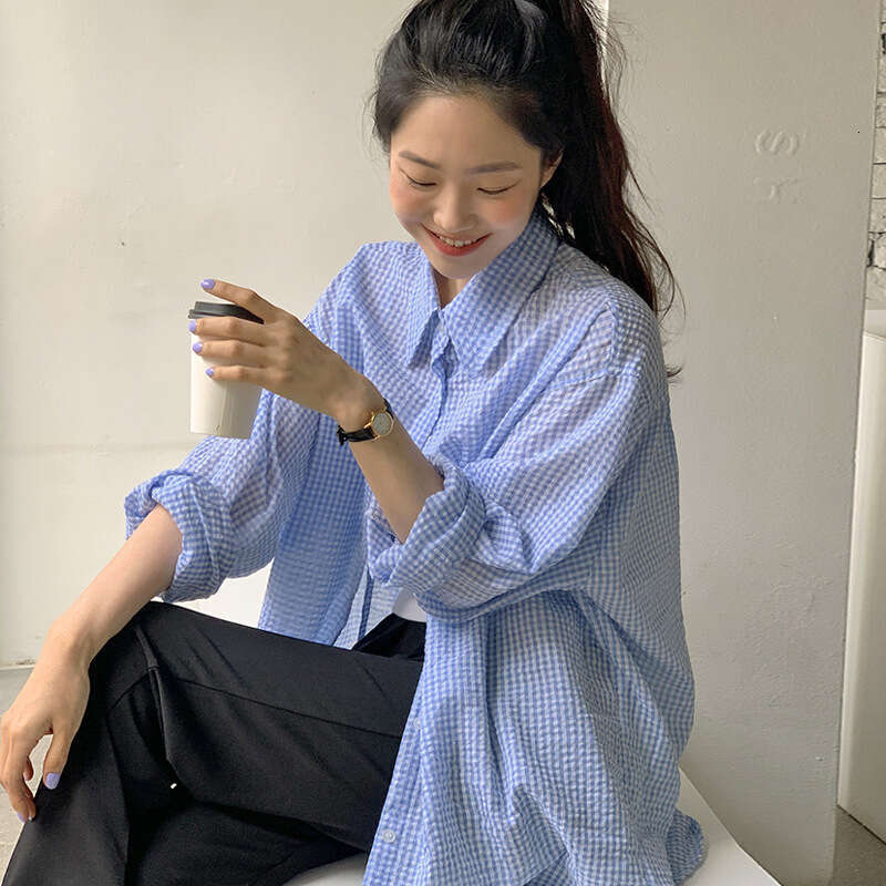 2022 Spring and Autumn Season New Korean Chic Lapel Single breasted Texture Checkered Loose Sun proof Mid length Shirt for Women