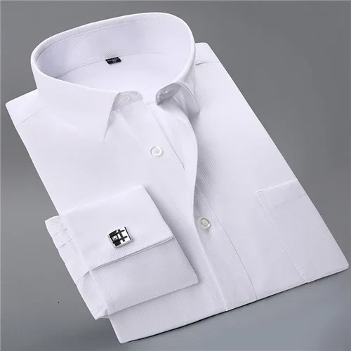Mens Business Contrast Collar French Cuff Dress Shirts Single Patch Pocket Regular-fit Long Sleeve Social Wedding Party Shirt 250318