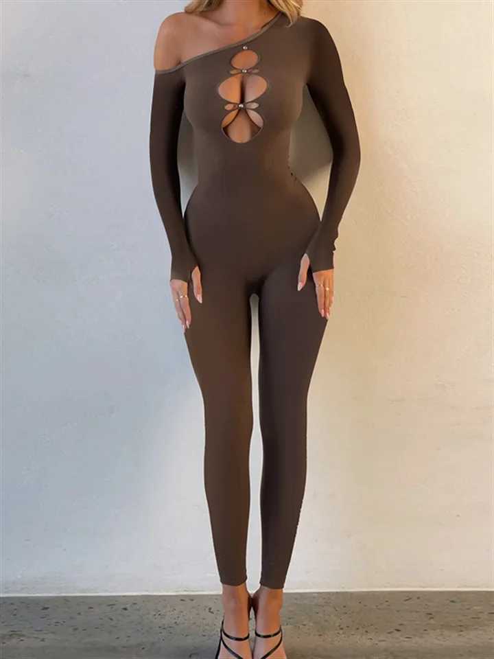 Closure Incline Shoulder Women Jumpsuits Solid Sexy Hollow Cleavage Full Sleeve Skinny Overalls Female Trend Attractive One Piece X250318