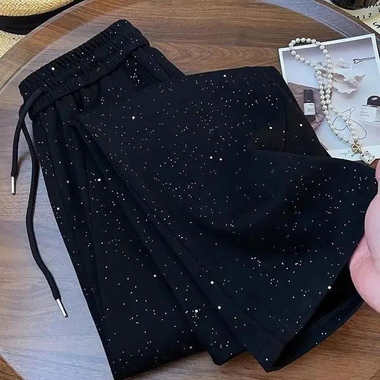 Fashionable and shiny all-star wide pants suitable for women high waisted straight leg casual sportswear Z260314